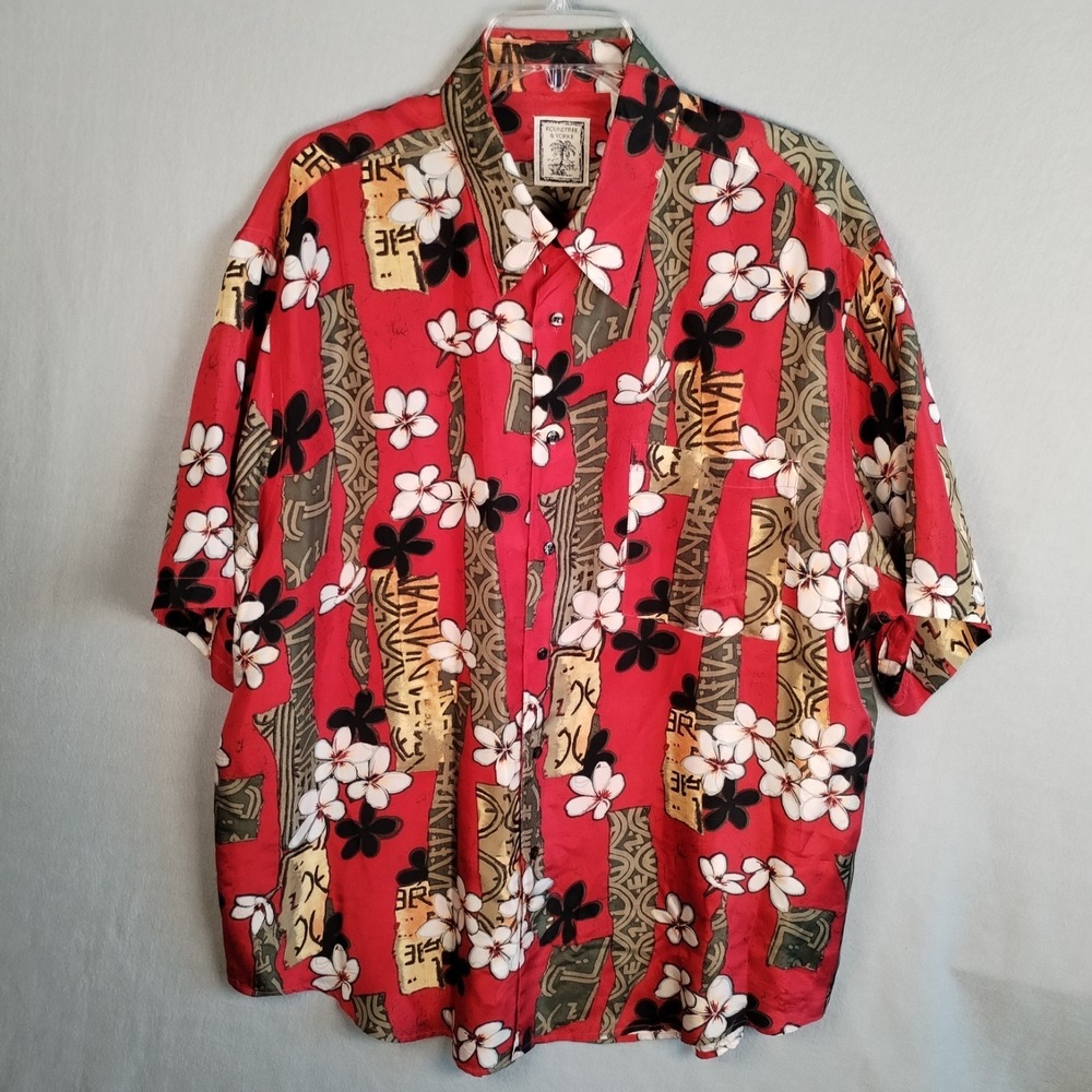 Roundtree & Yorke Men's XL Silk Hawaiian Shirt Red Floral Oriental Asian Motif